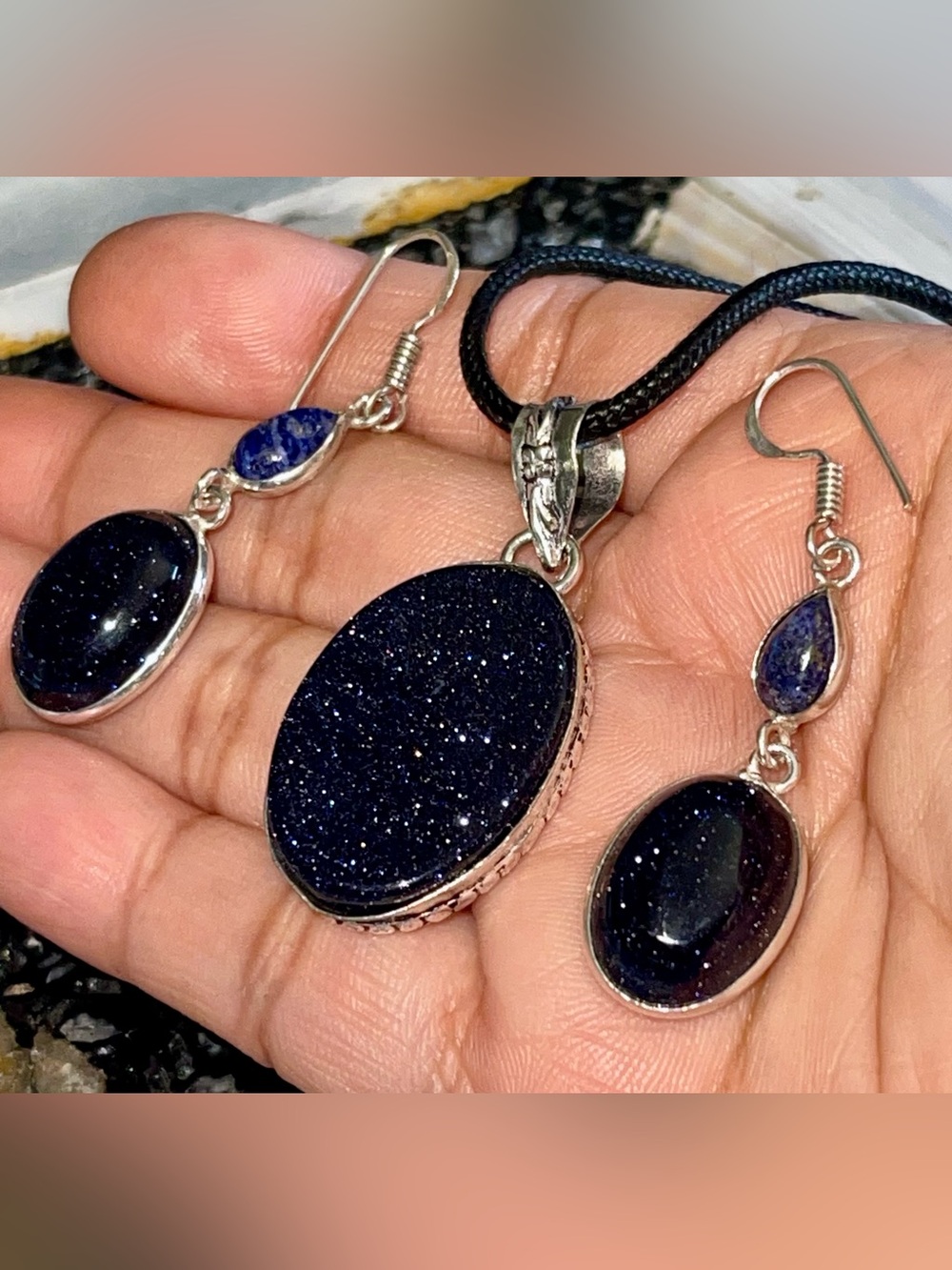 Blue Stone Goldstone & Lapis Lazuli Pendant & Earrings